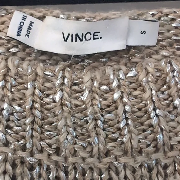 Vince Linen Blend Tan And Silver Metallic Crew Neck Sweater Relaxed Fit Small - Picture 2 of 9